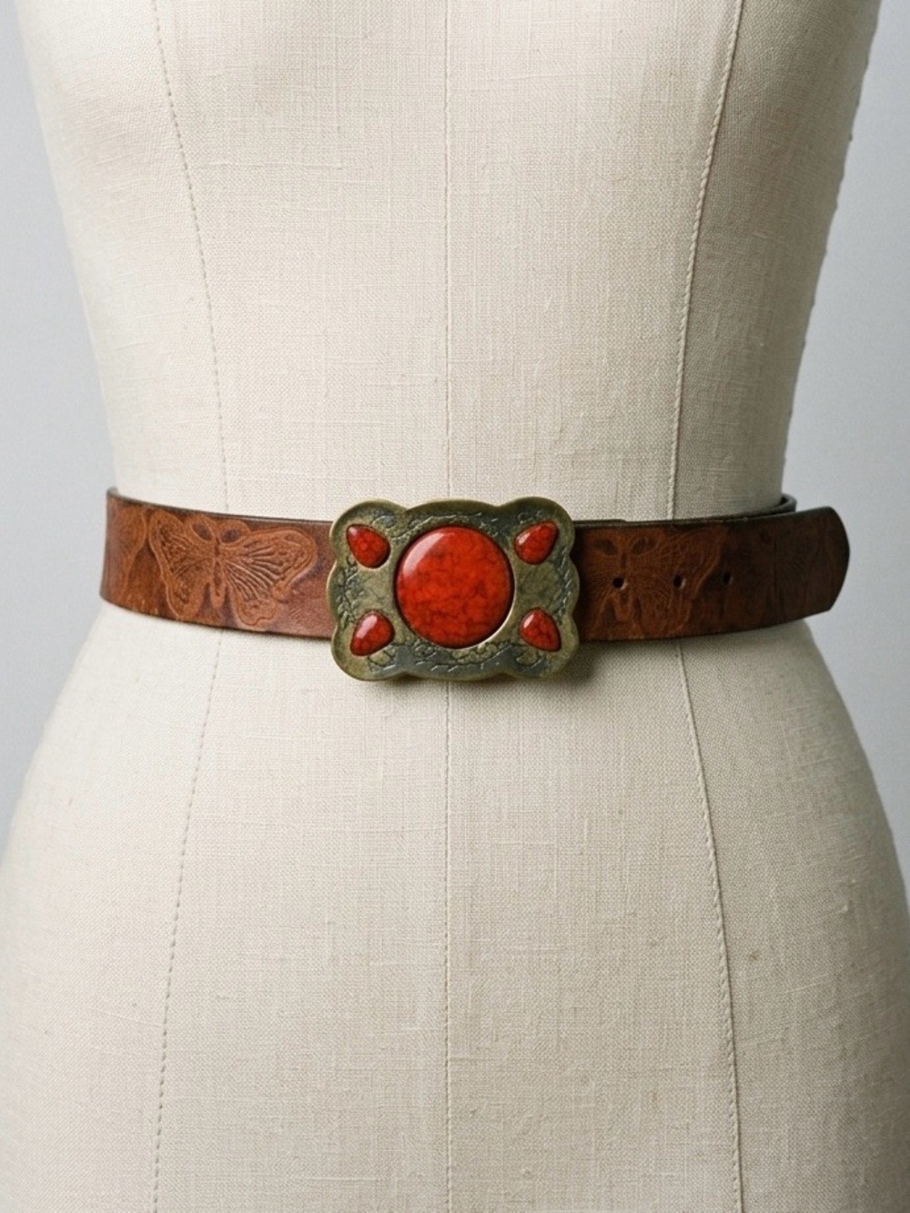 SOLD Hand Stained Latitan Leather Butterfly Belt with Red Stone Buckle Size 32 - Picture 8 of 8